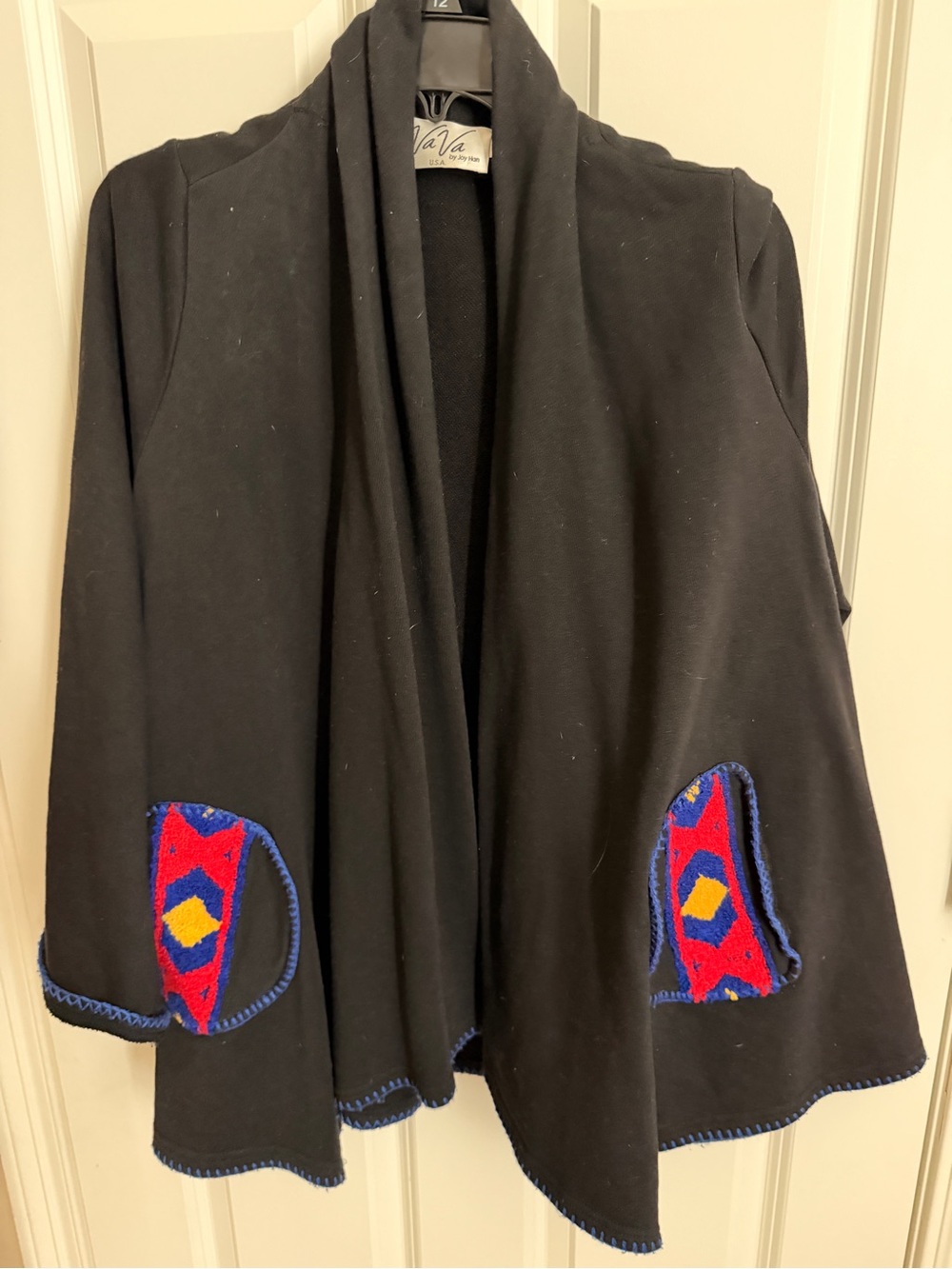 Black women’s Open-Front Coatigan with Colorful Pocket Accents-made in the USA